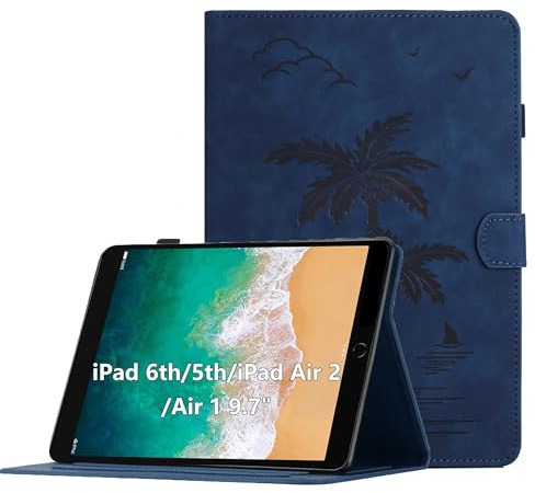 Coque pour iPad 6a Gen. 2018 / 5a Gen. 2017 / iPad Air 2 / iPad Air 9.7 Pouces, Housse de Protection Multi-Angles Étui en Cuir PU avec Fente pour Carte, Auto Réveil/Sommeil, Bleu Marine