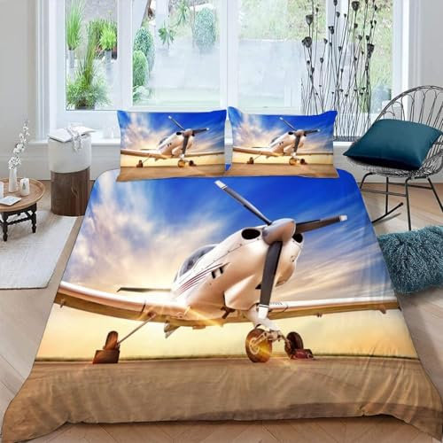 AASIRA Bettwäsche Flugzeug Bettbezug 155x220 mit Reißverschluss 100% Mikrofaser Bettwäsche-Sets Landschaft 3D Druck Kinder Teenager Pflegeleicht Betten Set mit 2 Kissenbezüge 80x80 cm