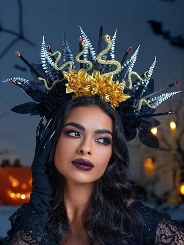 IYOU Serre Tete Halo Halloween Femme Bandeaux Cheveux Noir Fleurs Pièce de Tête Paillettes Serpent Feuille Couronne Gothique Accessoires de Cheveux Festival Cosplay pour Femmes