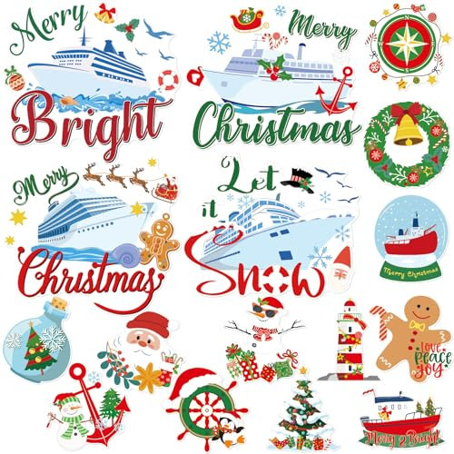Dazoratix Merry Christmas Cruise Magnets - 16 Pcs Cute Cruise Stataroom Decoration Stickers Merry Bright Xmas Trees Snowman Anchor Cruise Magnetic Stickers Decal for Winter Holiday Party Supplies Gift