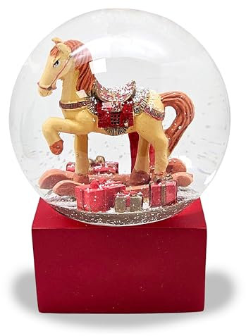 Schneekugel Weihnachten | Schaukelpferd Geschenke | Sockel rot | Höhe: 12cm Breite 10 cm | 20299 (Schaukelpferd rot eck)