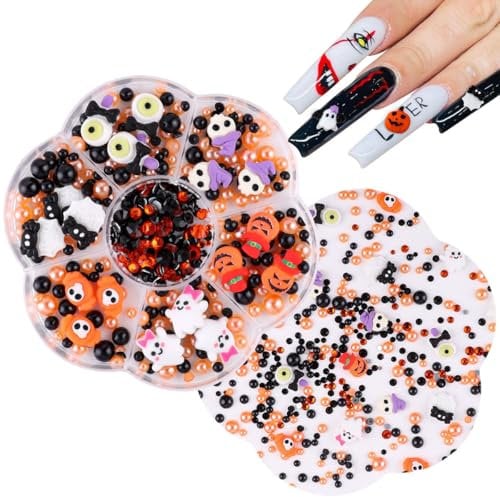 Halloween Nail Art Charms,1Box Cartoon Tomb Spider Web Pumpkin Bat Ghost Nail Rhinestones and Pearls,Resin Flatback Halloween Nail Decorations for Manicure Design Decorations Supplies (Multicolor A)