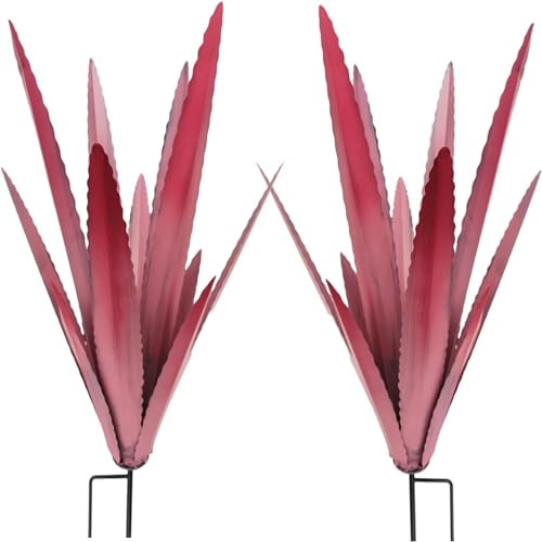 KKTX 2 Stück rustikale Agavenpflanzen-Skulptur aus Metall, Gartenkunst-Dekorationsstatue mit festem Sockel, für Zuhause, Gartendekoration (Größe: 32 x 32 x 53 cm),Pink