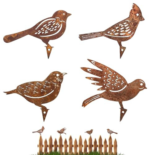 EVDZNA Rost Vögel, 4 Stücke der Vogel geformten Außendekoration, Rostige Vogelgarten Dekoration, Vögel mit Schraube, Metall Rost Dekoration, Geeignet für Garten, Innendekoration, Rostfarben