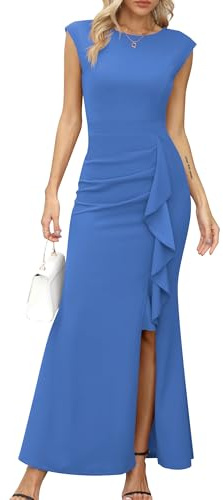 Missufe Vestido largo de fiesta para mujer, vestido de noche con corte sirena entallado, con volantes, abertura, mangas tipo ala, ideal para bodas y eventos formales, azul claro, S