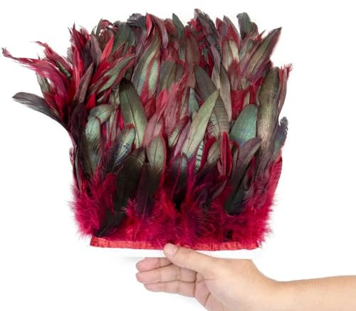 Flecos de plumas de gallo naturales de 1 metro, 2 metros, 5 metros y 10 metros, cinta de 15 a 20 cm, para manualidades, flecos para faldas, ropa de fiesta, color vino tinto, 5 met