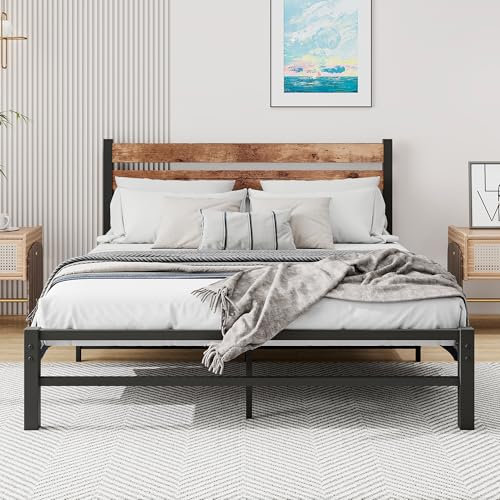 HOMERECOMMEND King Bed Frame with Rustic Wood Headboard and Footboard Heavy Duty Metal Platform Bed Frame Solid and Stable,Strong Metal Slats Support Easy Assembly Black Brown