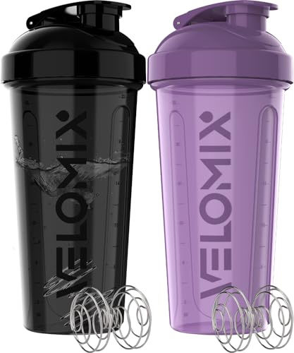 VELOMIX Lot de 2 bouteilles shaker protéinées de 800 ml pour mélanges protéinés – 2 fouets métalliques | Gobelets anti-fuites pour milkshakes protéinés | Lot de shaker protéinés | Shakers pour