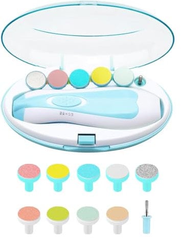 Jtffjsy Electric Baby Nail File,12 in 1 Safe Baby Nail Trimmer,Clippers with 10 Filing Heads and Led Light for Baby and Adult Use(Not Include Battery)
