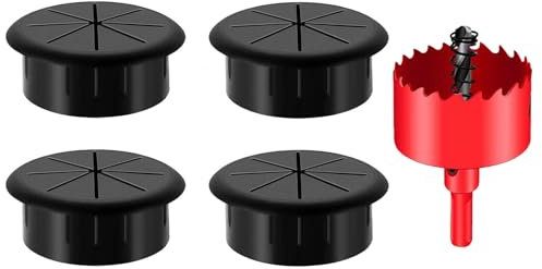 DuDuZui 4 Pièces œillets de Bureau, Passe-câble de Bureau 60mm Passe-câble de Bureau, Idéale pour Le Bureau et la Maison Câble de Table, avec Scie Cloche (60mm, Noir)