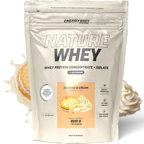Energybody Nature Whey Protein Isolate & Concentrate 600g Beutel/zucker- und fettarmes Molkenproteinpulver/Eiweiß Pulver ohne künstliche Verdickungsmittel/Eiweiss Shake (Cookies & Cream)