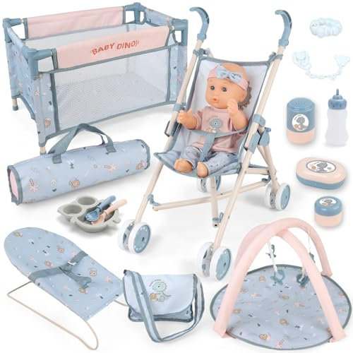 deAO 16 in 1 Babypuppen-Spielset mit 30cm Babypuppe, Reisebett, Puppenwagen, Tasche, Spielbogen, Hochstuhl, Plastik Geschirr, Puppenzubehör, Geburtstagsgeschenk für Mädchen ab 3 Jahr (Blau)