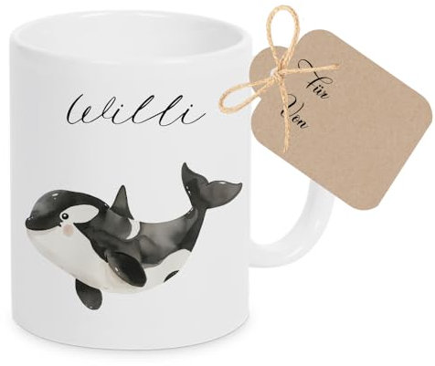 Manufaktur Liebevoll Tasse mit Namen Kinder Kindertasse mit Namen Becher Keramik Mädchen Junge Namenstasse Orca Wal Geschenk