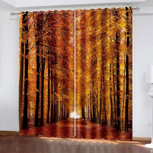Lirzxin Gardinen Verdunkelung 160 cm Lang, Vorhänge Verdunklung mit Ösen 2er Set Orange Gelb Braun Herbstwald und Pfad Landschaft Vorhang für Wohnzimmer Schlafzimmer, 132x160 cm(BxH)