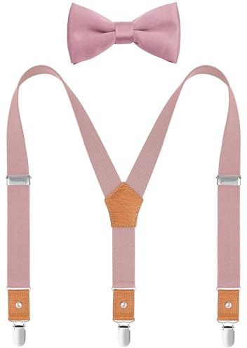 WAQXTV Set di bretelle e papillon da uomo e ragazzo, elastico con retro a Y con clip in metallo, Rosa fard, 47: adult