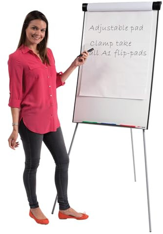 Metroplan Value| Tripod Flipchart Easel| Magnetic Dry-wipe Whiteboard with generous surface area of 1000 x 680mm| Height Adjustable| ideal for Office, Schools,Info points (Black Frame)