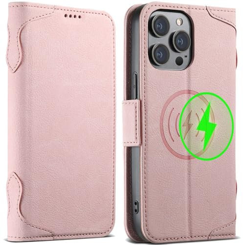 SETNGB Leather flip card holder magnetic phone case for iPhone 11 12 13 14 15 16 Pro Max 14 15 16 Plus wireless charging shockproof protective case,Pink,For iPhone 14