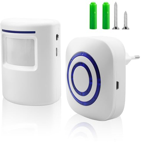 WIYETY Détecteur de passage sans fil Sonnette de porte : sonnette de magasin Système d'alarme sans fil avec 38 sonneries, 1 détecteur de mouvement et 1 récepteur pour magasin, camping-car, maison