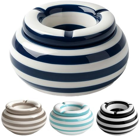Murago - Aschenbecher Keramik ca. 11x6 cm Dunkelblau gestreift - Maritim für draussen glänzend mit Deckel Outdoor rund Tischaschenbecher Garten Balkon Ascher Windaschenbecher