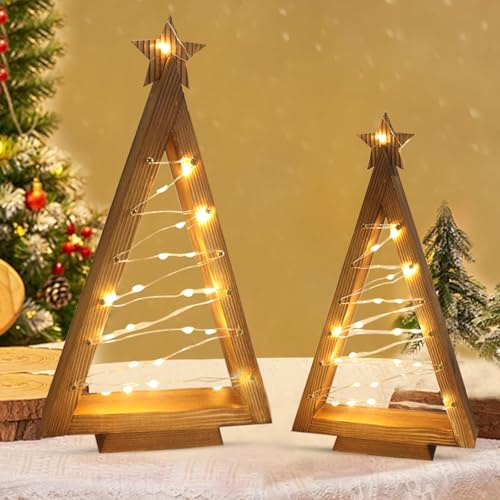 KIKVTER Weihnachtsdeko LED Weihnachtsbaum Holz mit Stern, 2 Stück Weihnachtsbaum Beleuchtet mit LED Lichterkette, Weihnachtsdeko Holz, Weihnachtsdeko Innen Aesthetic, Tischdeko Weihnachten Deko