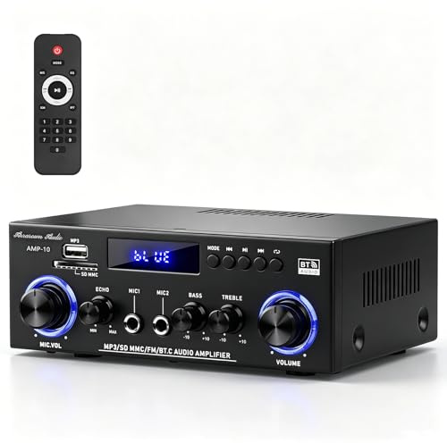 AMP-10 Bluetooth Verstärker RMS 50WX2 Stereo Audio Verstärker Empfänger | für Zuhause Lautsprecher 2.0 Kanal Max 600W Ausgang Mini Leistungsverstärker w/FM Radio, Echo, MIC, USB, SD Eingang