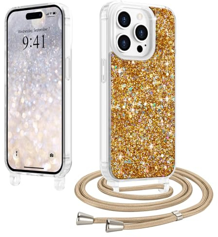LCHULLE Crossbody Lanyard Case for iPhone 14 Pro with Strap, Gold | Adjustable Removable Neck Strap, Sparkle Glitter Phone Cover for Women, Clear TPU Bumper, Shockproof Drop Protection