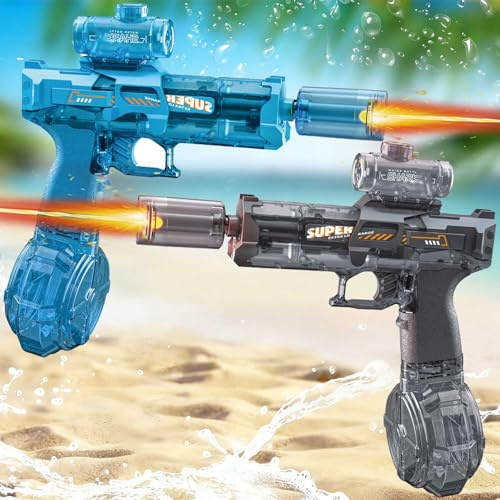 2 Stück Elektrisch Wasserpistole für Erwachsene und Kinder | Automatische Sprühwasserpistole mit LED-Lichtern, Ultralange Standby, Ultralange Reichweite(Grau+Blau)