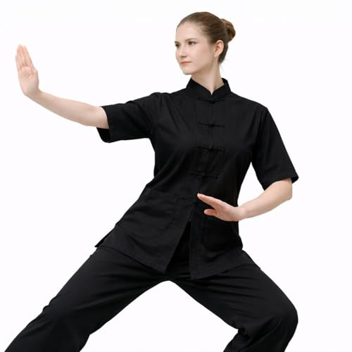 Lazutom Women Tai Chi Kung Fu Uniform Chinese Tang Suit Martial Arts Top Mandarin Collar Shirt Black