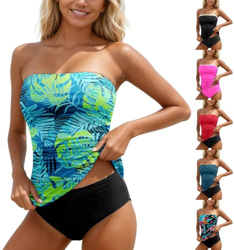 Bandeau Tankini Sets for Women UK - 2 Piece Strapless Bandeau Swimsuits Tankini with Shorts, High Waist Swimwear Soft Stretchy for Beach Holiday Pool