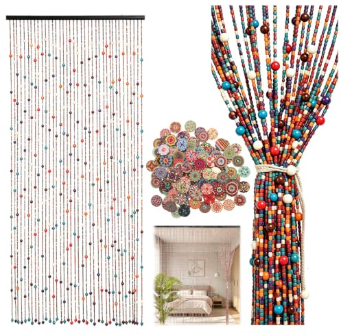 Bamboo Beaded Door Curtain 90x200cm, 52 Strands Bead Curtains For Doorways | Colorful Retro Bead Door Curtain,Boho Door Fly Screen Curtain for Windows, Doors, Rooms As Decoration Curtain & Fly Screens