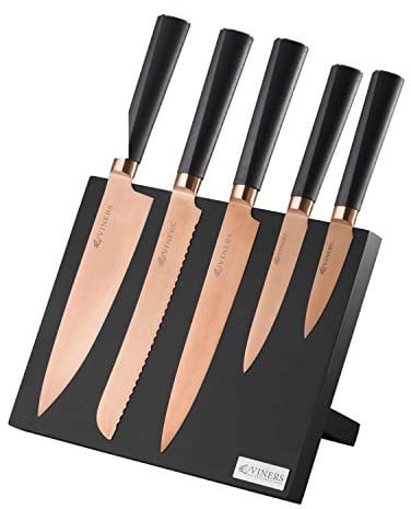 Viners Titan Knife Block Set of 6 Pieces; 5 Kitchen Knives & Magnetic Knife Holder; Chef, Bread, Carving, Utility & Paring Knives, Grey, Stainless Steel, 0305.141