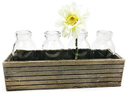 4er Set Glasflaschen im Holz Tablett - Vase, Tischdekoration, kleine Glasvasen, Landhausdeko, Gastro