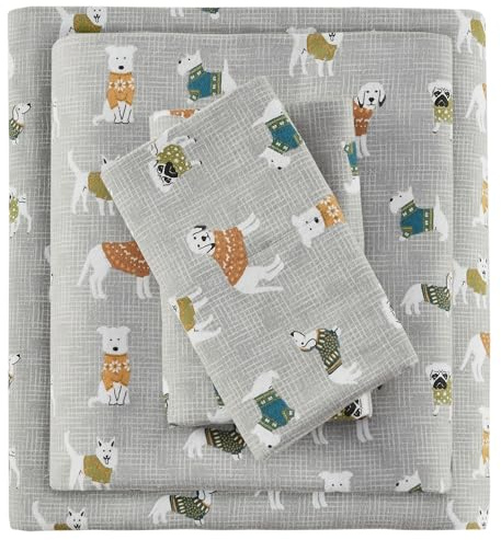 Sleep Philosophy True North by Kuscheliges Flanell-Bettwäsche-Set, 100% Baumwolle, Bedruckt, Tiere, Sterne, niedlich, ultraweich, für kaltes Wetter, Queen-Size-Bett, graue Hunde, 4-teilig