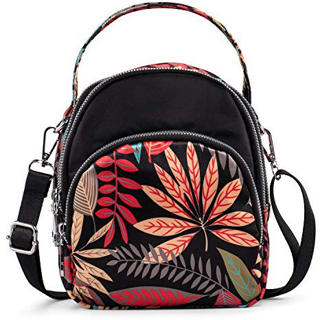 LaRechor Kleine Umhängetasche Handtasche Schultertasche für Damen Tote Tasche Mini Rucksack Nylon Frauentasche (Blätter mit Griff)