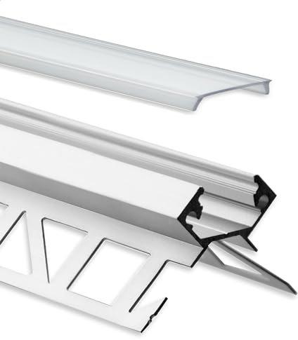 Profilé en aluminium pour carrelage LED - 2 m - Avec Cache – Carrelage – Aluminium pour bandes LED jusqu'à 12 mm de largeur – 2000 mm de longueur (angle extérieur – Couvercle transparent).