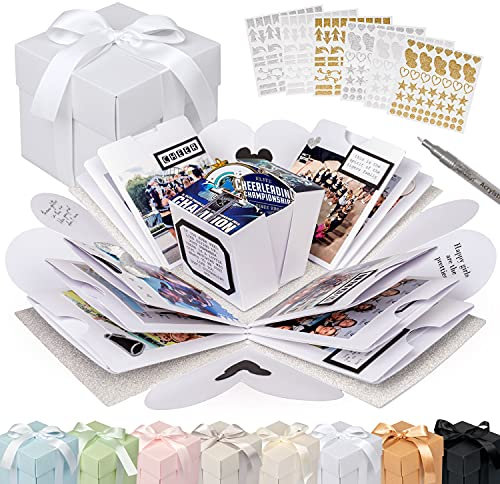weddlyn® – Überraschungsbox – hochwertiges Papier & Verarbeitung – Explosionsbox mit modernen Stickern und Stift – Bilder Box – Kreative Überraschungsbox inkl. Anleitung – weiß (glänzend)