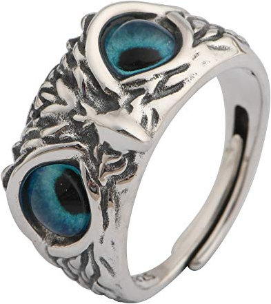 Retro 925 Sterling Silber Eule Nachteule Ring mit Blauen Augen für Herren Damen Offen und Verstellbar