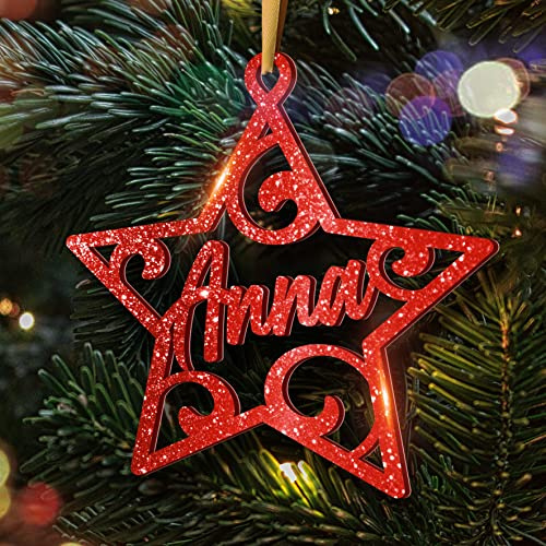 Personalisierte Weihnachtskugel - Lasergeschnittene Weihnachtsornamente mit personalisiertem Namen (Model: Star, Glitter Rouge VIF/Hellrot)