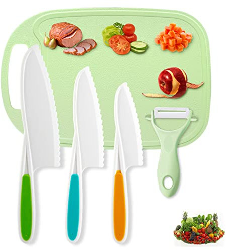 WAYAA Kids Safe Knifes,Children's Nylon Knives Set Firm Real Fit Toddler Beginners Friendly Reusable Peeler Fruit Board Sturdy Childrens Cooking Year Old Suitable Cutting Salad Sandwich 5Pack Green