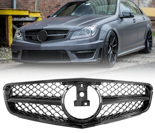 DIBON AUTO W204 Kühlergrill Frontgrill kompatibel mit 2008–2014 Mercedes Benz W204 C-Klasse C250 C300 C350 (AMG Style Gloss Black)