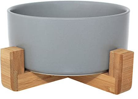 Ceramic Bowl with Bamboo Stand for Dogs & Cats, Raised Bowl for a Comfortable Position Whilst Eating & Drinking, Options, 850ml Capacity (Grey)