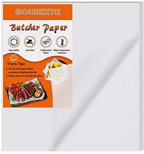 BOUIEXYE 50 Stück Weiß Metzgerpapier Einweg Blätter 12x12 Zoll Quadratisches Fleischblatt Vorgeschnittenes Metzgerpapier Kein Wachs zum Verpacken von Fleisch Sublimation