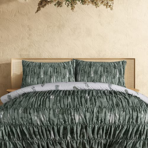 Sleepdown Fern Leaves Rouched Pleats Green White Reversible Duvet Cover Quilt Bedding Set with Pillowcase Soft Easy Care Bed Linen - Single (135cm x 200cm)