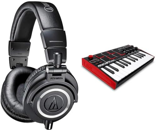 Audio-Technica M50x Professional Monitor Headphones Black & AKAI Professional MPK Mini MK3 – 25 Key USB MIDI Keyboard Controller with 8 Backlit Drum Pads