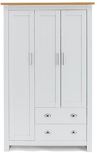 3 Door 2 Drawer Wardrobe MDF White with Shelf Hanging Rail Cloth Storage Wooden Double Wardrobes for Bedroom Large Cupboard Bedroom Furniture, 180H x 109W x 52D cm