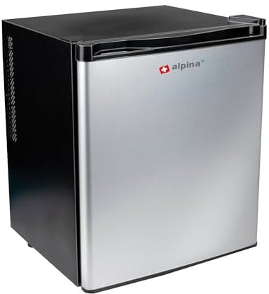 alpina Mini Kühlschrank 38L - Freistehende Getränkekühlschrank - Camping Kühlschrank ohne Gefrierfach mit LED-Beleuchtung - Einstellbare Temperatur bis 22°C - Geräuscharm 65dB - Silber/Schwarz