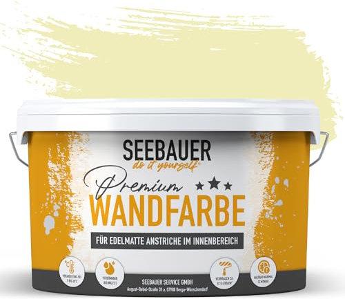 SEEBAUER diy Wandfarbe Gelb 5L für Innen (No. 459 Lemon Soda) Edelmatte zitronengelbe Innenfarbe - Gelbtöne sehr hohe Deckkraft - Matt, Abwaschbar und Tropffrei