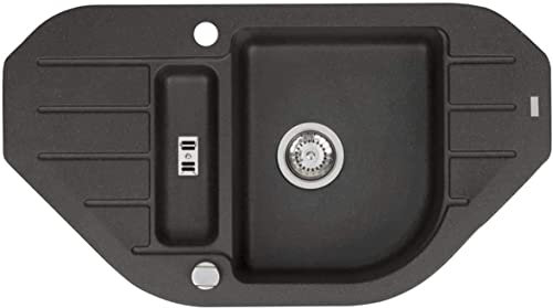 VBChome Fregadero de 90 x 50 cm, granito negro, 1,5, escurridor de 1,5, fregadero empotrable, fregadero de esquina, sifón