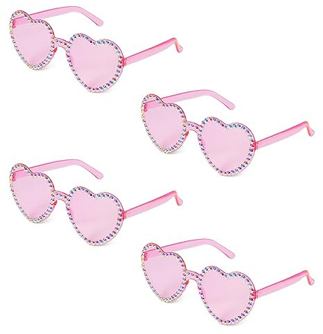 LUTER 4pcs Heart Shaped Rimless Sunglasses, Stylish Small Rhinestone Heart Sunglasses for Women Girls Birthday Parties (Pink)