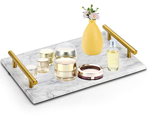 DEAYOU Marble Tray with Gold Handles, White Marble Stone Decorative Tray, 12 Nightstand Serving Tray with Metal Handle, Catchall Key Perfume Tray Pastry Food Board for Vanity, Coffee Table, Desk